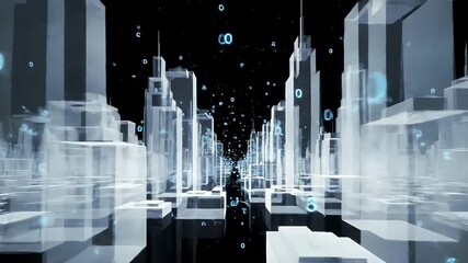 Immersive journey through a futuristic digital metropolis with translucent skyscrapers and floating binary code, symbolizing the future of smart city technology and big data. - Powered by Adobe