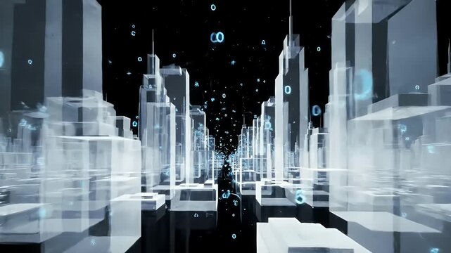 Immersive journey through a futuristic digital metropolis with translucent skyscrapers and floating binary code, symbolizing the future of smart city technology and big data. - Powered by Adobe