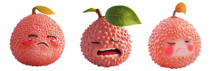 Set of cute lychee with crying face isolated on a transparent background