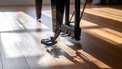 Soft Focus Piano Pedal Shadows on Wooden Floor with Sunlight