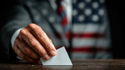 A hand is shown placing a ballot into a box at a polling site, symbolizing civic participation during elections in the United States, showcasing democracy in action