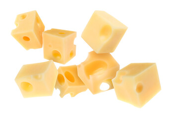 Cheese cubes in air against white background
