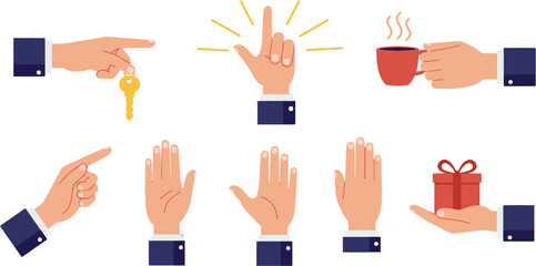 Fototapeta premium Vector art of business hands are shown making various gestures and holding a key, coffee, and gift on white