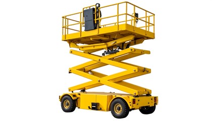 Yellow aerial work platform on white background