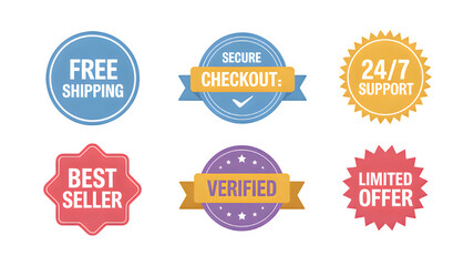 Collection of online shopping badges: Free Shipping, Secure Checkout, Best Seller and Limited Offer