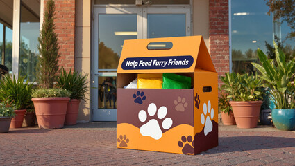 Pet food donation box outside entrance with plants around  