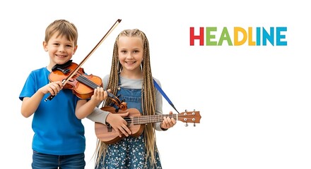 Two smiling children, a boy playing the violin and a girl holding a ukulele, pose against a white background.