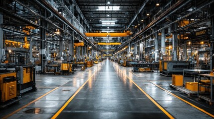 Large manufacturing facility features rows of advanced machinery and equipment arranged neatly. Bright industrial lighting illuminates the space, showcasing organized workstations