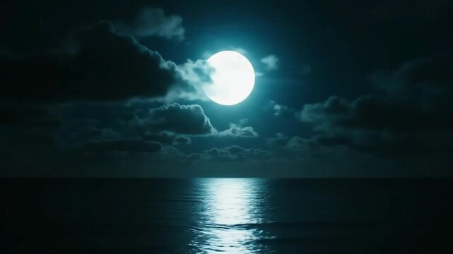 Bright Full Moon Reflecting on Dark Ocean Water at Night Under Cloudy Sky with Stars Tranquil Peaceful Scenic Nature Landscape Video Footage Loop Background