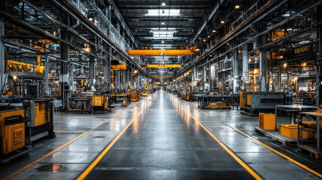 Large manufacturing facility features rows of advanced machinery and equipment arranged neatly. Bright industrial lighting illuminates the space, showcasing organized workstations