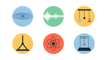 Physics concepts represented through six distinct scientific icons on a transparent background