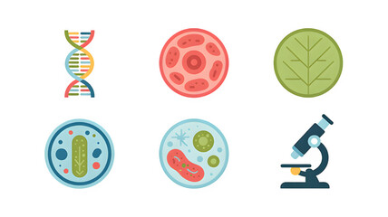Scientific cell biology and microbiology icons featuring DNA, blood cells, and microscope