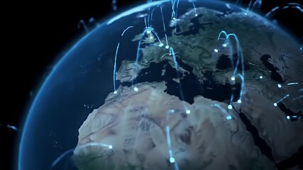 Global communication network concept showing a glowing Earth with light trails connecting major hubs, illustrating worldwide data flow, internet connectivity, and futuristic technology. - Powered by Adobe