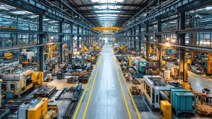 Fototapeta premium Spacious manufacturing facility filled with various machines and equipment lined up in rows. Bright lighting enhances visibility, showcasing the organized infrastructure during daytime operations