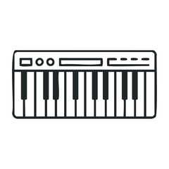 Black and white digital keyboard drawing with musical keys and buttons. Vector illustration