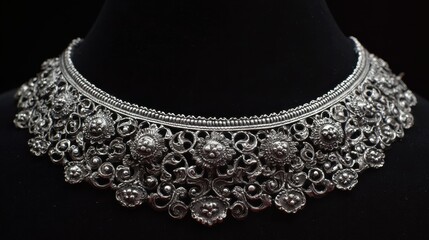 Intricate floral silver necklace. A beautiful statement piece. Detailed, handcrafted metalwork. Heirloom quality adornment on display.