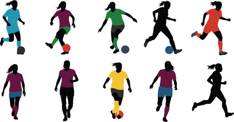 Vector art of a dynamic group of female soccer players in various action poses, isolated on white background