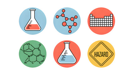 Science icons featuring lab beakers, molecular structure, periodic table, and hazard warning