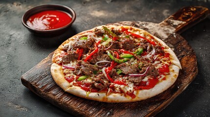 kebab pizza with red spicy sauce served on a wooden chopping board . aspect ratio 16:9