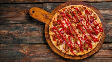 kebab pizza with red spicy sauce served on a wooden chopping board . aspect ratio 16:9