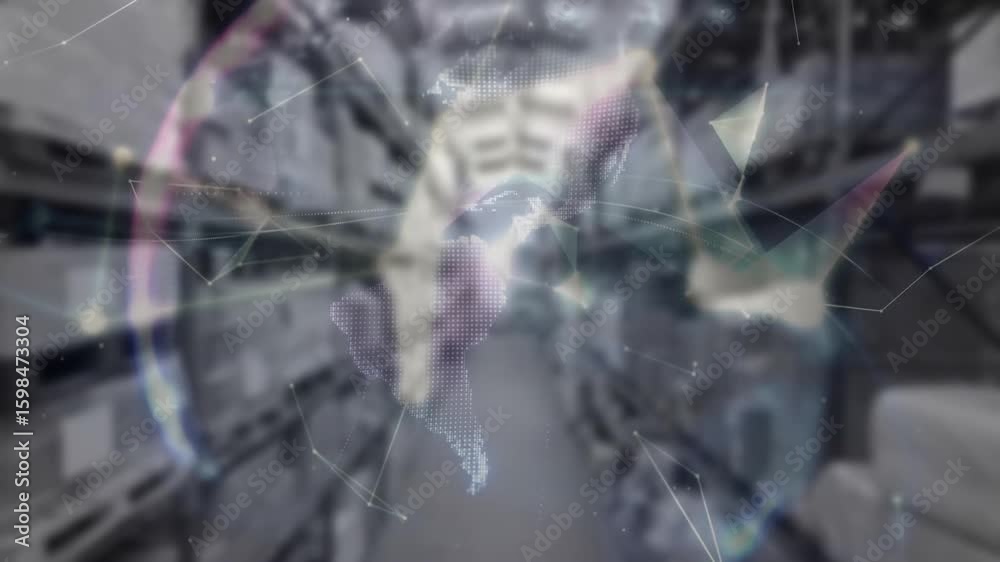 Poster polygonal nodes drifting into warehouse pulsing ring rotating globe overlay showing network