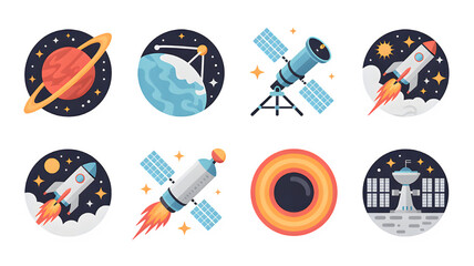 Space exploration themed icons including planet, satellite, telescope, rocket and black hole