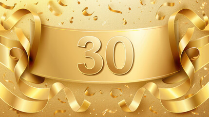 Golden celebration thirty years anniversary with ribbons and confetti