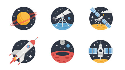 Illustrative Space Exploration Icons Featuring Planets, Rockets, and Satellites