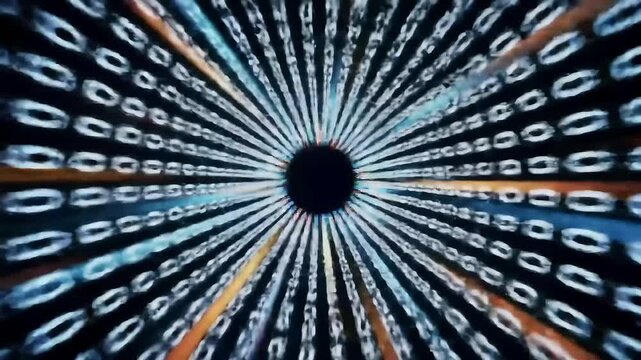 Digital data stream tunnel; binary code flows; dark background; tech concept