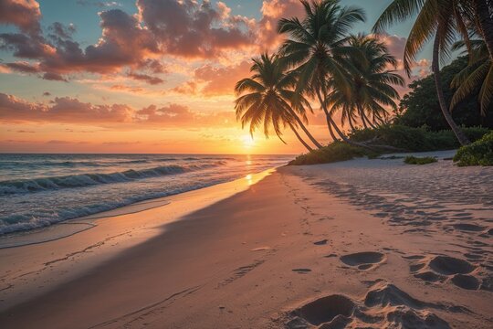 Picturesque Sandy Shore with Palm Trees at Sunset Over the Ocean