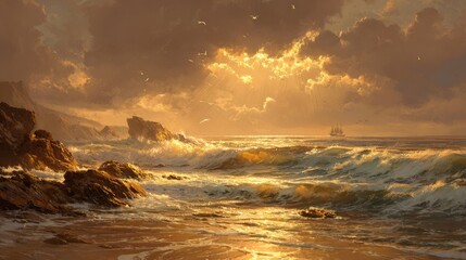 Dramatic seascape with golden light, crashing waves, rocky shores, and distant ship under a cloudy sky at sunset