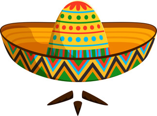 Mexican mariachi sombrero hat with mustaches for fiesta holiday, cartoon vector. Mexican charro or mariachi sombrero with mustaches for Cinco de Mayo holiday or Viva Mexico fiesta decoration