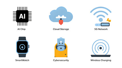 Conceptual display of modern technology: AI chip, cloud storage, 5G, smartwatch, and cybersecurity