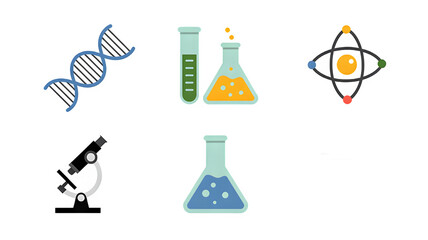 Science themed icons including DNA strand, beaker, test tube, atom and microscope