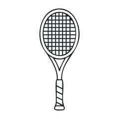 Simple black and white tennis racket illustration on a plain background. Vector illustration