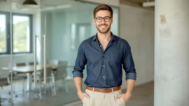 Success businessman smiling in office. friendly and confident man with short brown hair and a beard, wearing glasses, a dark blue button-up shirt with rolled sleeves, and light-colored chinos