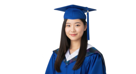 Young asian woman in graduation cap and gown isolated on transparent background