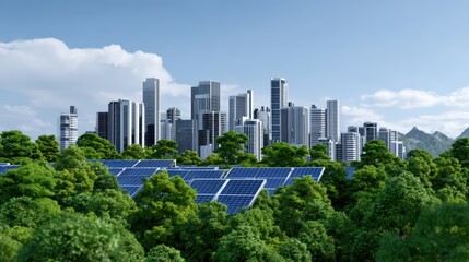 Urban Skyline with Solar Panels and Lush Green Trees