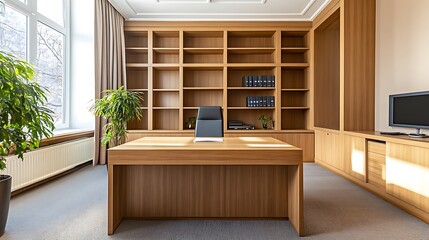 A professional office space with warm wooden elements, including a desk, shelves, and a coordinated filing cabinet.


