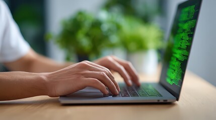 Hands Typing Code on Laptop with Green Text in Modern Office