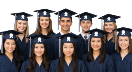Diverse group of students in graduation gowns isolated on transparent background