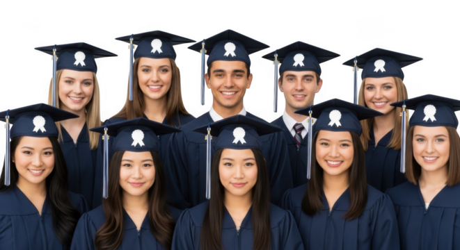 Diverse group of students in graduation gowns isolated on transparent background