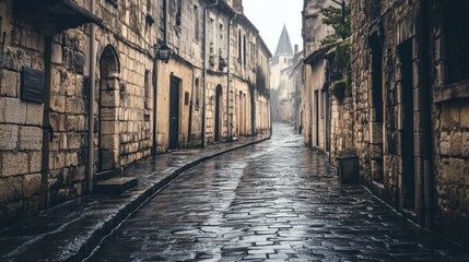 Fototapeta premium Cobblestone street in old town on rainy day.
