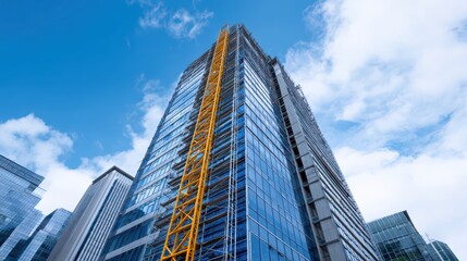 Modern Skyscraper Under Construction with Blue Sky Background