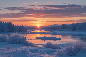Fototapeta premium Serene Winter Sunset with Cool Colors and Icy Landscape Views