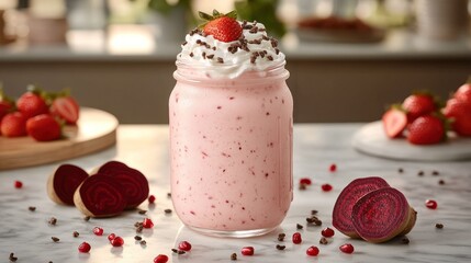 Pink strawberry smoothie in a mason jar, topped with whipped cream, chocolate shavings, and fresh strawberries.  Beetroot slices around the base