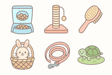 Hand-drawn pet icons with pastel tones, ideal for pet store designs, UI kits, children’s books, or stock image collections.