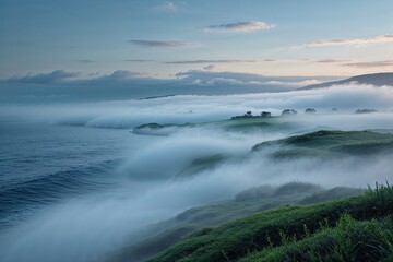 Fototapeta premium Mysterious Ocean Fog Rolling Through a Serene Landscape