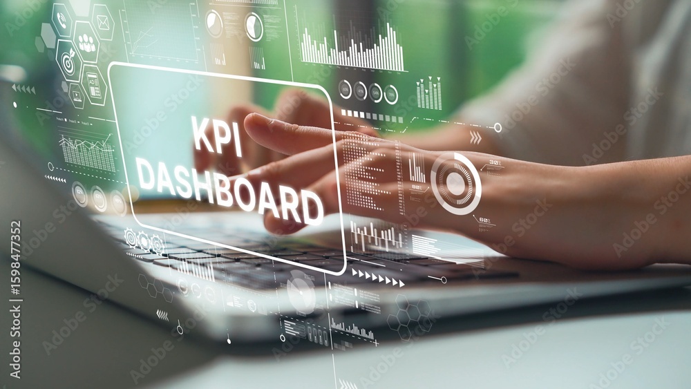 Poster professional user analyzing key performance indicators on kpi dashboard displayed on laptop screen w