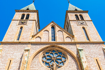 Upward view of the Sacred Heart Cathedral in Sarajevo, Bosnia and Herzegovina